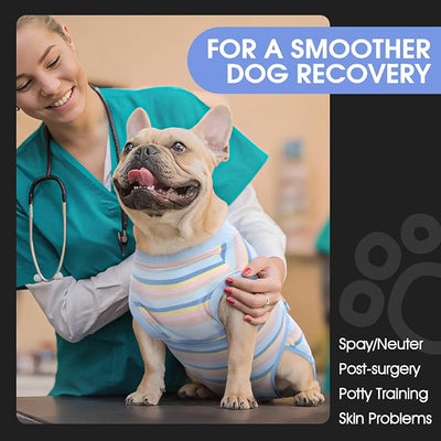FUAMEY Recovery Suit for Dogs After Surgery,Soft Breathable Dog Bodysuit E-Collar & Cone Alternative Surgical Suit,Male Neuter Suits Spay Recovery Suit Female Onesie Blue Yellow Stripes XL