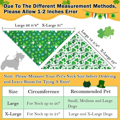 Vivifying St. Patrick's Day Dog Bandana, 2 Pack Bandanas for St. Patrick's Day Clothes Outfits, Reversible Triangle Dog Scarf, Pet Apparel & Accessories for Decorations (Large, Green&White)