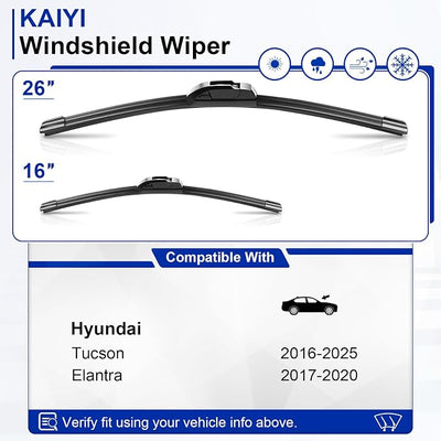 KAIYI 26" + 16" Windshield Wipers Compatible with Hyundai Tucson 2016-2025,Hyundai Elantra 2017-2020 Premium Automotive Replacement Windshield Wiper Blades 2 Pack