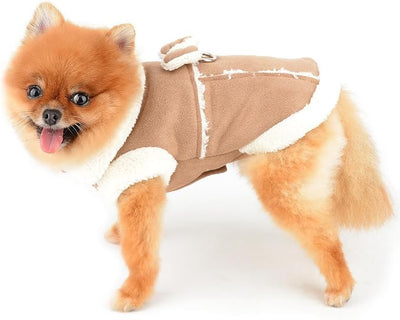 SMALLLEE_LUCKY_STORE Fleece Dog Coat for Small Dog Pet Harness Jacket with Bow and D-Ring, Soft Vest Fall Winter Clothes with Fuzzy Collar Chihuahua Yorkie Cat Apparel, Khaki, M
