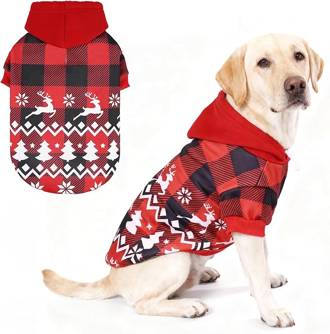 Christmas Dog Hoodie, Red Plaid Pet Sweater, Hat Hooded Sweatshirt Dog Clothes for Small Medium Large Dogs, Soft Warm Winter Cold Weather Coat with Leash Hole&Pocket, Reindeer Snowflake, XL