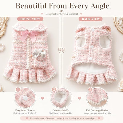 Spring Fall Winter Small Medium Dogs Tweed Princess Dress Pink Pearl Design, Warm Fleece Puppy Outfit with Bow Flower, Cute Luxury Dog Clothes for Cats and Small Dogs(Pink,L)