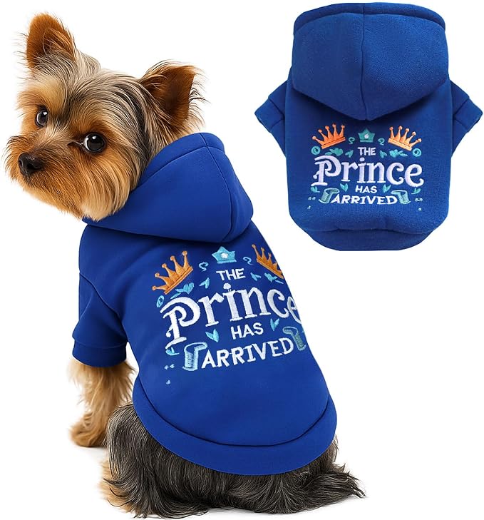 ABRRLO Small Dog Hoodie Clothes Cute Blue Prince Fleece Dog Sweater for Small Dogs Cats Boy Warm Puppy Sweatshirt with Leash D Ring Fall Winter XS Pet Doggy Outfit Chihuahua Yorkie Shihtzu(Blue,S)