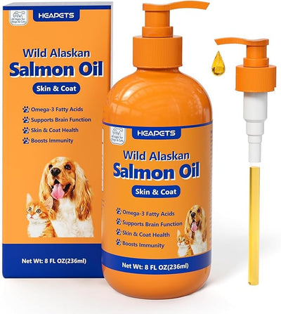 Wild Alaskan Salmon Oil for Dogs & Cats, Fish Oil Omega 3 Supplements with EPA & DHA for Skin & Coat, Immune, Brain, Joint and Heart Health, Dog & Cat Fish Oil Supplements with Pump- 8 oz