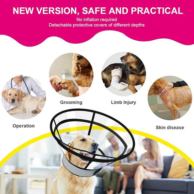 Sponge Core Dog Cat Cone Collar for After Surgery Recovery, Inflatable Dog Cone Alternative, Lainergie Dogs Donut Collar Adjustable with 2PCS Cover for Large Medium Small Dogs Cats (Grey+Pink, S)