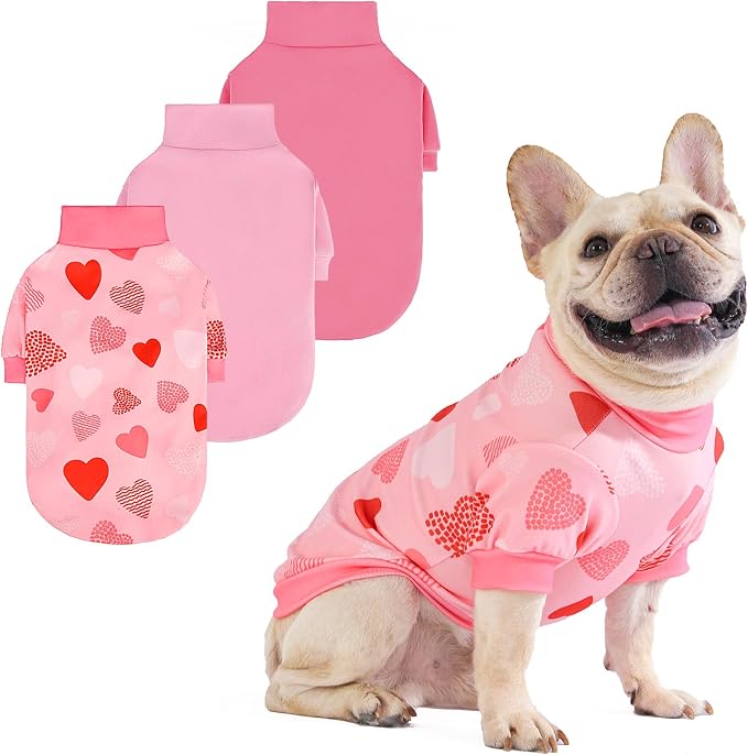KOOLTAIL Valentine's Day Dog Sweater for Small Dogs, 3 Pack Fleece Puppy Shirt Turtleneck Pullover Clothes with Love Heart Partten, Fuzzy Soft Warm Pet Winter Cold Weather Coat, Girl Boy, Pink S