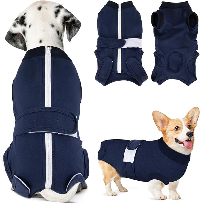 SlowTon Dog Surgery Recovery Suit - Zipper On Dog Onesies After Surgery for Female Male Dogs, Abdominal Wounds Bandages Cone/E-Collar Alternative Dogs Surgical Body Suit (Dark Blue,XS)