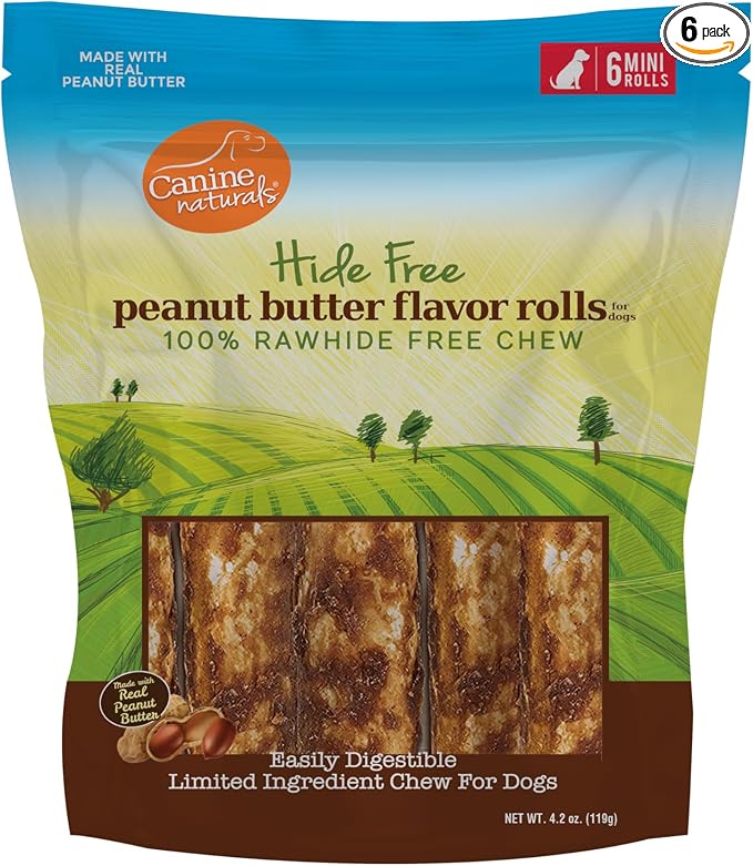 Peanut Butter Chew - 100% Rawhide Free Dog Treats - Made with Real Peanut Butter - All-Natural and Easily Digestible - 6 Count of 2.5 Inch Mini Rolls for Dogs Under 20lbs