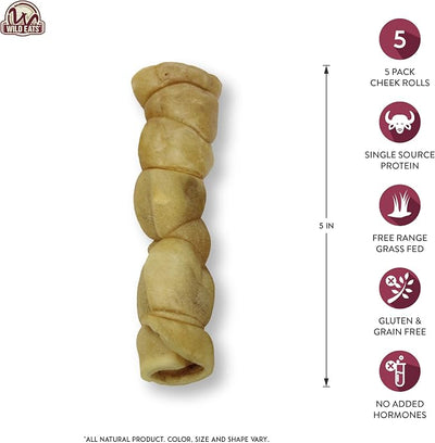 Wild Eats Water Buffalo Retriever Style Cheek Roll Dog Chews - 5 Pack (Long Lasting Chews, Treats, Bones for Aggressive Chewers & Large Dogs) Great Substitute Pig Ears Dogs