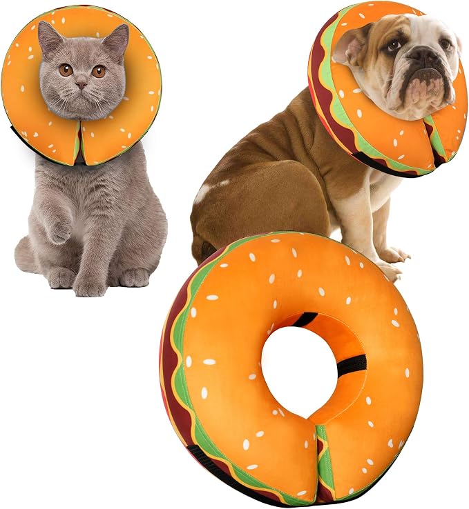 Inflatable Dog Cone Collar for Large Medium Small Dogs, Soft Adjustable Recovery Cone Collar for Dogs Cats,Dog Neck Donut Cone Alternative After Surgery(Hamburger,X-Large