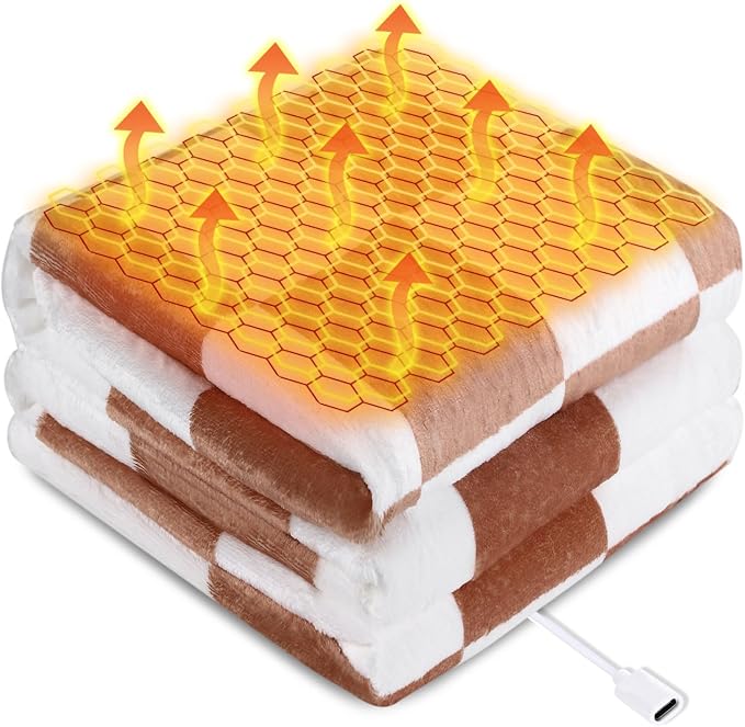 USB Powered Heated Throw Blanket for Women, 50" X 60" 9V 18W Portable Brown Grid Print Electric Heating Blanket with 3 Heat Setting,8-Zone Graphene Heating Blankets for Couch Car Office Outdoor