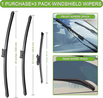 PARRATI® Windshield Wiper Blades for Volkswagen Tiguan 2018-2022, 3 Pack | 25/22 Inch Front +15 Inch Rear, OEM Replacement, Ultra Quiet, No Streaks All Weather Wiping