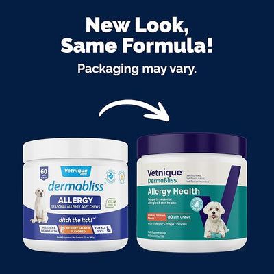 Vetnique DermaBliss Vet-Formulated Dog Allergy Chews for Seasonal Itch Relief, Skin, Coat & Gut Health, Omega 3 + Probiotic Anti-Itch Soft Chew Supplement for Dogs (60ct, Regular Strength Chews)