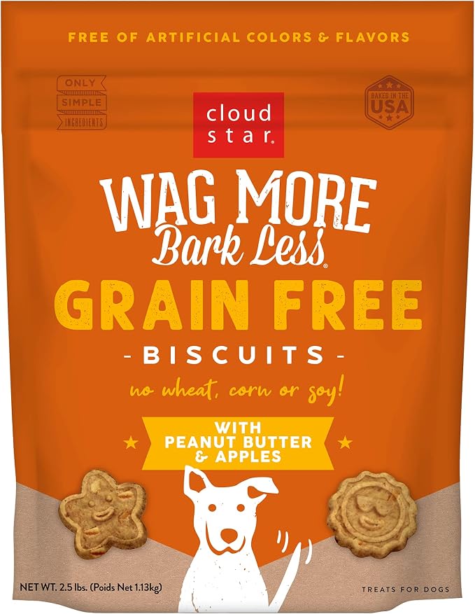 Wag More Bark Less - Dog Treats - Crunchy Biscuits - Grain Free Peanut Butter & Apples - 2.5 lb Pouch