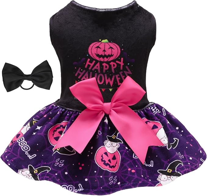 CuteBone Halloween Dog Dresses Velvet Holiday Small Dogs Clothes Onesie Pet Apparel Girl Puppy Skirt with Bow Hair Rope CVA60XS-D