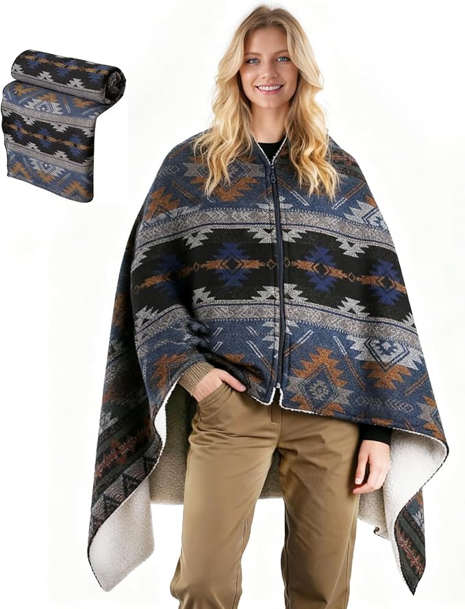 Heated Wearable Blanket, Faux Cashmere Electric Throw with 3 Heating Levels, USB-C Powered, Southwestern Pattern, 40x65 Inches (Blue(Thin))
