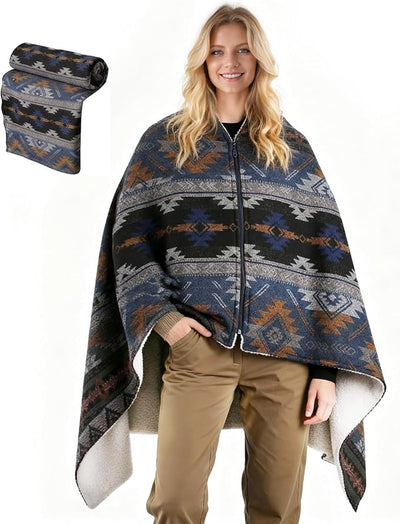 Heated Wearable Blanket, Faux Cashmere Electric Throw with 3 Heating Levels, USB-C Powered, Southwestern Pattern, 40x65 Inches (Blue(Thick))