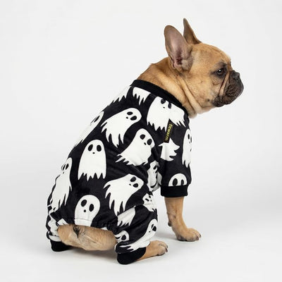 Fitwarm Halloween Ghost Dog Pajamas, Funny Halloween Costumes for Dogs, Fleece Dog Onesie with Feet, Doggy Clothes for Small Dogs Boy Girl, Pet Apparel, Black, White, XS