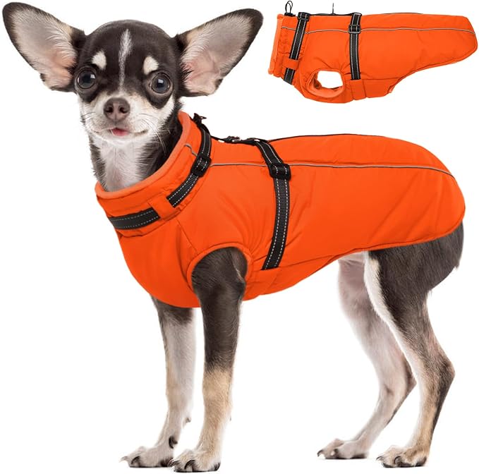Dog Winter Coat Waterproof Dog Jacket with Harness Built in Windproof Reflective Cold Weather Coats for Small Medium Large Dogs, Thermal Fleece Lined Coats for Walking Camping, Orange, XS
