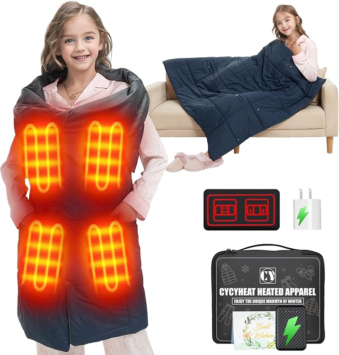 CYCYHEAT Kids Heated Blanket Battery Operated - Boys and Girls 7.4V DC Portable Cordless USB Heating Blanket for Outdoors