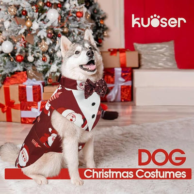 Kuoser Christmas Dog Tuxedo Dogs Suit and Bandana Set, Santa Claus Doggy Christmas Outfit Adjustable Pet Xmas Costume with Bow Tie for Large Medium Small Dogs Golden Retriever Samo Bulldogs, Red XL