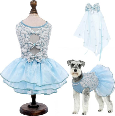 ASENKU Dog Dress, Dog Wedding Dress, Pet Lace Princess Dress with Bows for Wedding Birthday Party, Puppy Formal Apparel with Pearl Necklace for Small Dogs (Blue, Small)