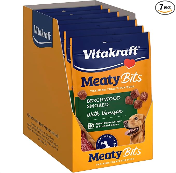 MeatyBits Venison, Training Treats for Dogs, Naturally Smoked, Real Meat #1 Ingredient, No Added Sugar, No Artificial Flavors or Colors, Soft Dog Treats, Bag, 2.2 oz, 7 Count