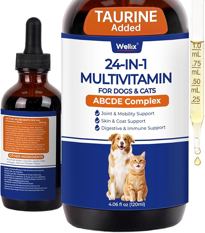 4.06 FL oz 24-in-1 Liquid Multivitamin with Taurine for Dogs & Cats, Pet Vitamins and Supplements with Glucosamine, Cranberry, MSM, Probiotics - Itch&Allergy Relief, Joint Supplement for Pets