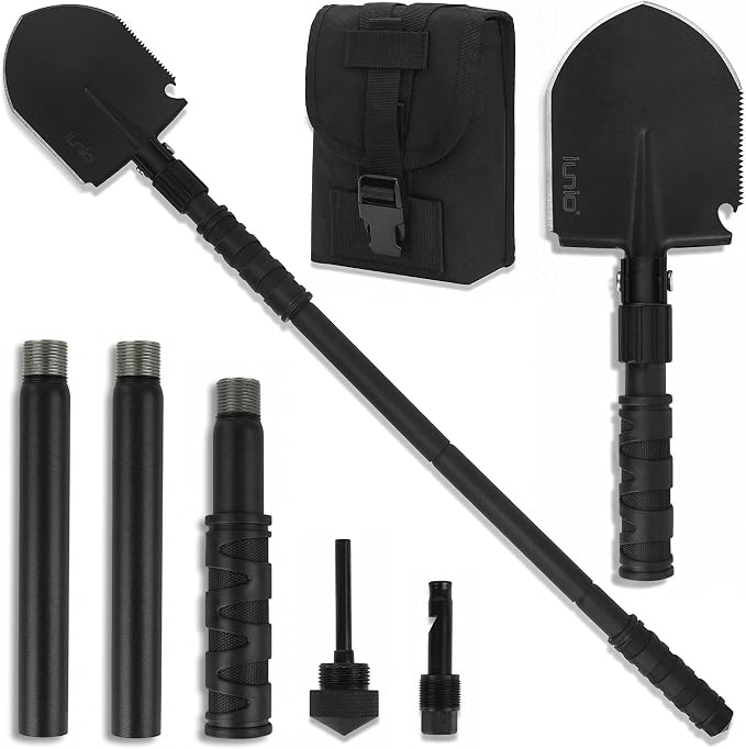 iunio Camping Shovel,Shovel Folding, Portable, Multitool, Foldable Entrenching Tool, Collapsible Spade, for Backpacking, Trenching, Hiking, Survival, Car Emergency