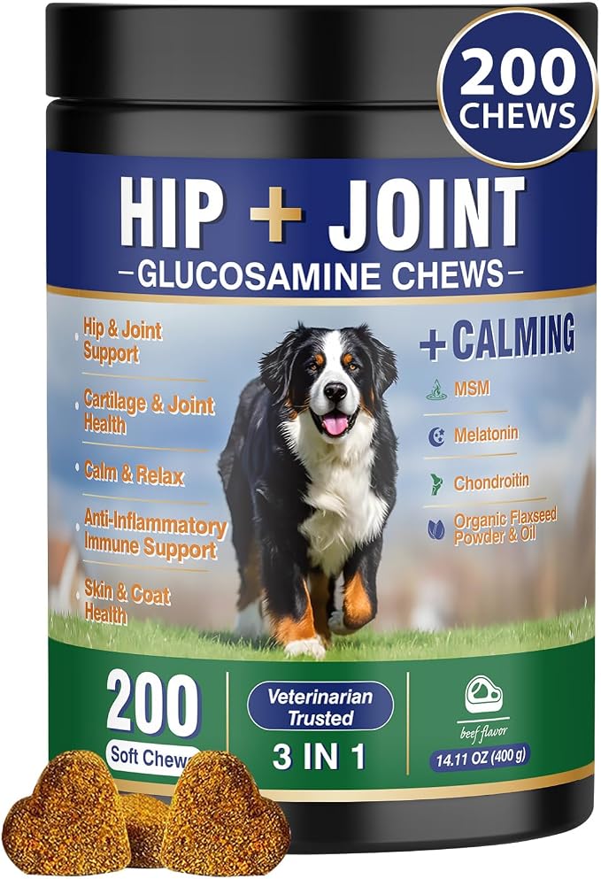 Hip and Joint Supplement for Dogs 200 Dog Calming Chews with Glucosamine, Chondroitin, Msm, Omega3, Melatonin for Senior Dogs Anxiety Pain Relief Anti Inflammatory Small/Medium/Large Dog -Beef