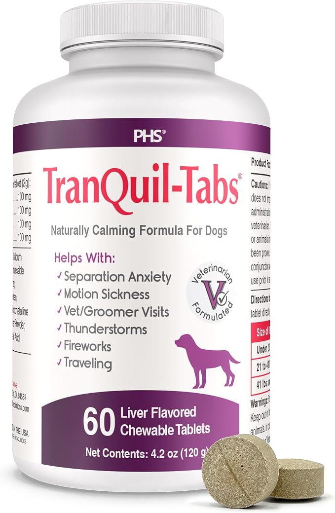 TranQuil-Tabs for Dogs - Contains Chamomile, L-Tryptophan, and Melatonin - Relieves Stress and Tension - Ease Travel and Separation Anxiety - 60 Tabs