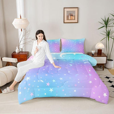 Galaxy Comforter Set Twin Size,Ombre Glitter Bedding Set For Kids Girls Boys Women Bedroom Decor, Tie Dye Rainbow Gradient Duvet Sets Starry Sky Pastel Sparkle Quilted Duvet 2 Pieces, Blue Pink