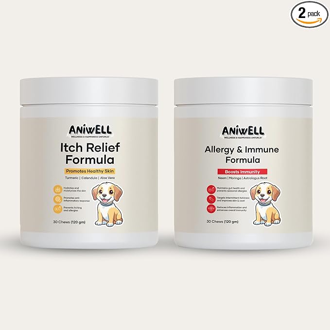 Itch & Allergy Combo for Dogs | Itch Relief Chews + Allergy & Immune Support | Borage Oil, Vitamin E, Krill Oil | Seasonal Allergy Dog Supplement - Pack of 2