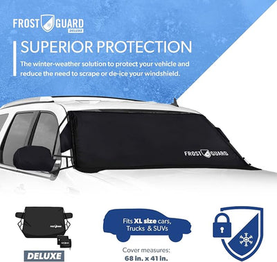 FrostGuard Deluxe | Full-Coverage Car Windshield Cover for Ice and Snow, XL Size - Wiper Blade + Side Mirror Coverage - Fit-Fast Straps + Security Panels - Black, 41 x 68 Inches