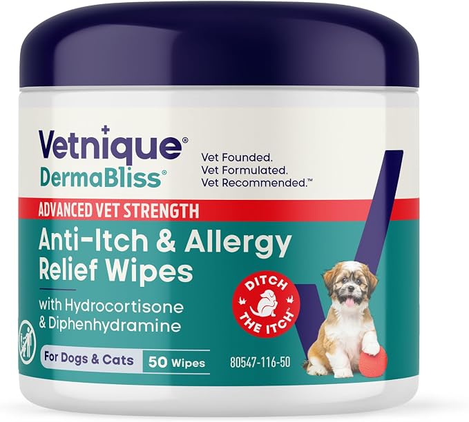 Dermabliss 3-in-1 Anti Itch Wipes for Dogs & Cats, Allergy Relief | Hydrocortisone, Pramoxine & Antihistamine Wipes Calm Itching, Paw Licking and Odor for Dogs & Cats; Gentle No-Sting relief
