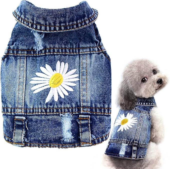 Dog Denim Jacket with Embroidered Daisy, Ripped Vintage Jean Vest for Small Dogs, Pugs, Chihuahuas, Spring Summer Fall Festival Outfit, Large (Fits Chest 15-16")