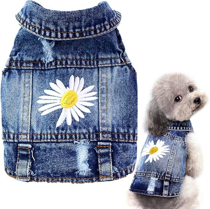 Dog Denim Jacket with Embroidered Daisy, Ripped Vintage Jean Vest for Small Dogs, Puppy, Pugs, Chihuahuas, Spring Summer Fall Festival Outfit, XS (Fits Chest 9-10")