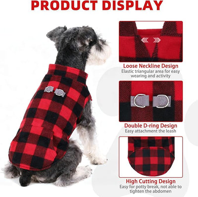 KOOLTAIL Dog Fleece Vest Sweater, Warm Puppy Christmas Jacket with Dual Leash D-Ring and Pocket for Small Medium Large Dogs, Soft Pet Winter Cold Weather Coats Fall Clothes Hoodie Boy Girl,Red Plaid L