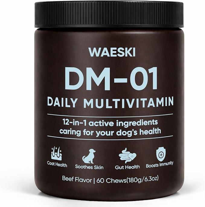 DM-01 Daily Multivitamin for Dogs, 12-in-1 Soft Chews with Salmon Oil, Probiotics, Chondroitin & Vitamins, Skin & Coat, Gut, Hip & Joint and Immune Support, Beef Flavor, 60 Chews