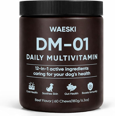 DM-01 Daily Multivitamin for Dogs, 12-in-1 Soft Chews with Salmon Oil, Probiotics, Chondroitin & Vitamins, Skin & Coat, Gut, Hip & Joint and Immune Support, Beef Flavor, 60 Chews