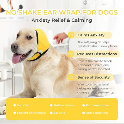 Dog Ear Covers for Bath,Shower,Elastic Dog Ear Muffs Noise Reduction Anxiety Relief,No Flap Ear Wrap Calming Hood for Grooming,Blow Dry,Thunder,Waterproof Ear Protection for Dogs(Yellow,L)