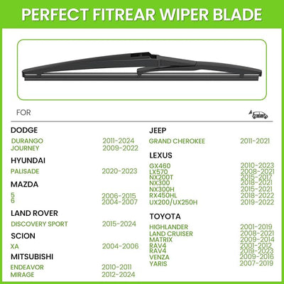 PARRATI® 12 Inch Rear Wiper Blade Replacement for 2001-2012 2019-2023 Toyota RAV4 2001-2019 Highlander/2011-2024 Dodge Durango 2009-2022 Journey,All-Season Windshield Wiper(12-A)