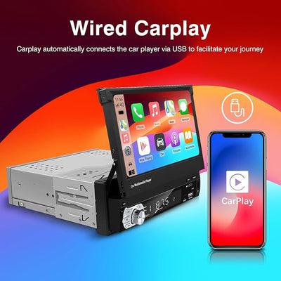 Single Din Carplay Android-Auto-Car-Radio 7-inch Flip Out Touchscreen | Type-C&USB Bluetooth Backup Camera FM/RDS MP5 Player 【Manual screen】