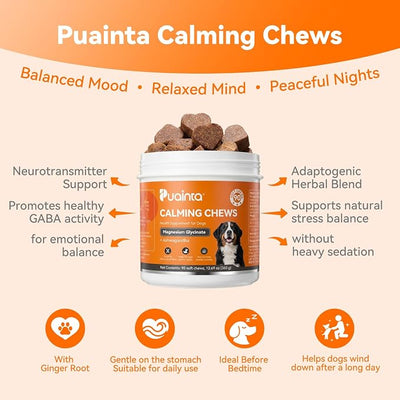 PUAINTA Calming Chews for Dogs, Dog Calming Supplement with Magnesium Glycinate, Melatonin, L-Theanine, L-Tryptophan & Ashwagandha, for Anxiety, Stress, Travel, Separation & Thunderstorms (90 Count)