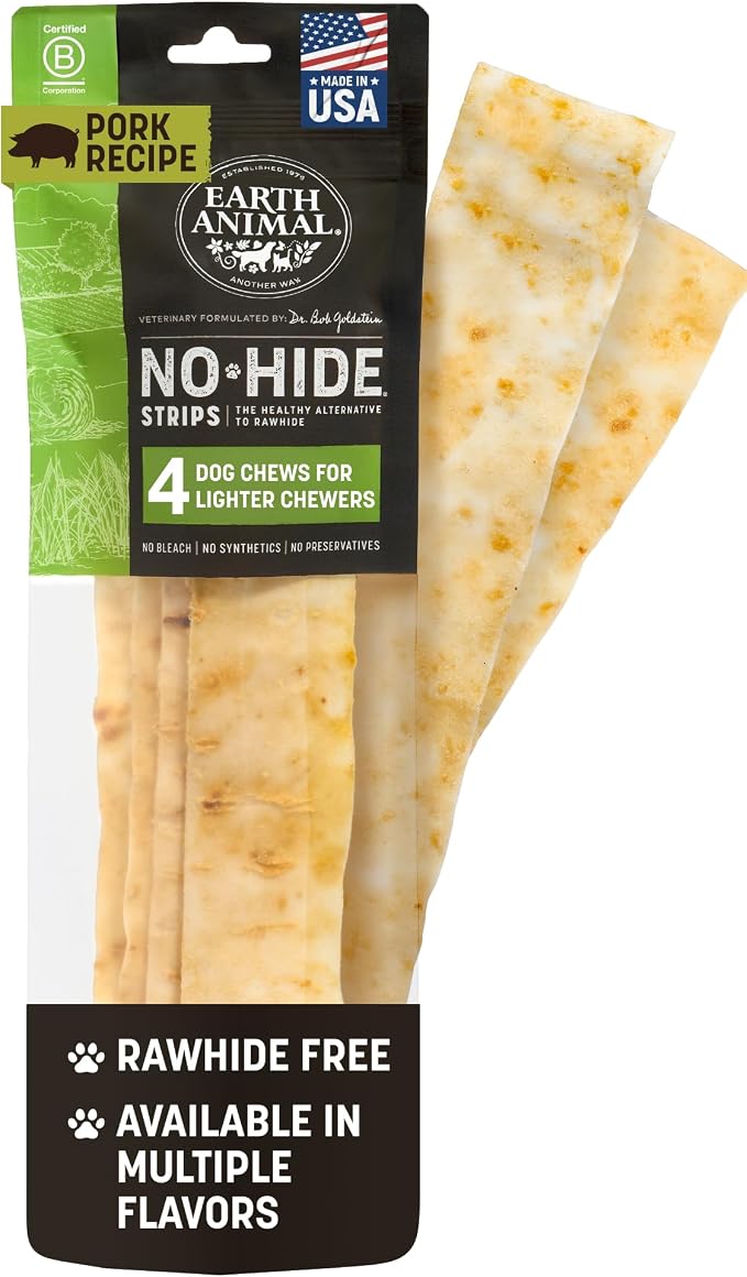 No Hide Strips - Natural Rawhide Free Dog Chew Strips, Pork - 4 Count