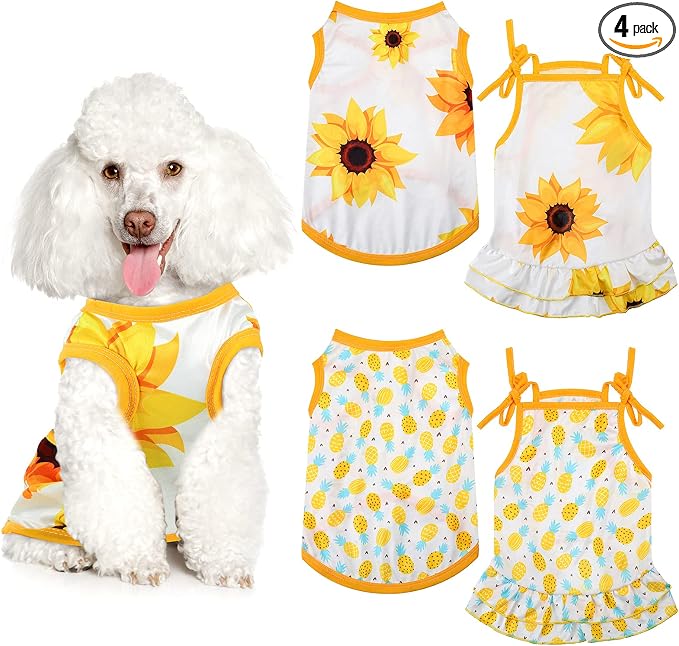 4 Pieces Dog Clothes Set Include 2 Pcs Cute Pet Dress Lovely Dog Dress and 2 Pcs Breathable Pet T Shirt Puppy Clothes(Pineapple, Sunflower,Medium)