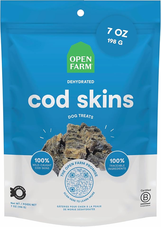 Dehydrated Dog Treats, High Protein & Low Carbohydrate Cod Skins, Crunchy Texture, Single Ingredient Wild-Caught Cod Skins Recipe, 7oz Bag Bulk-Size