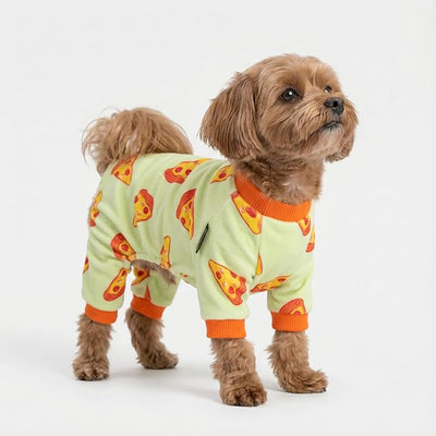 Fitwarm Pizza Dog Fleece Pajamas, Funny Cozy Clothes for Small Dogs Boy Girl, Soft Pet Onesie, Light Green, Orange, Large