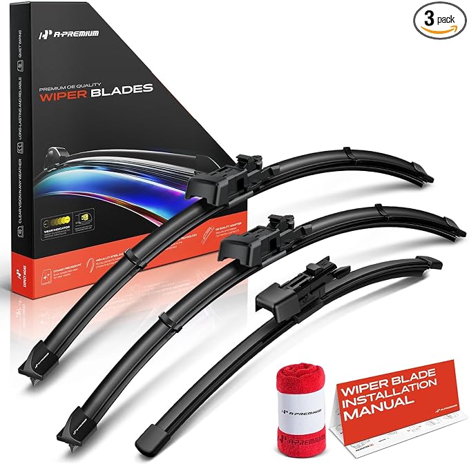 A-Premium 24"+19"+12" Windshield Wiper Blades Compatible with Infiniti QX30 2017 2018 2019 - Front Rear Wipers Blade Set, TL2/FR_2B Arm Connector, with Wear Indicator & Towel (Pack of 3)