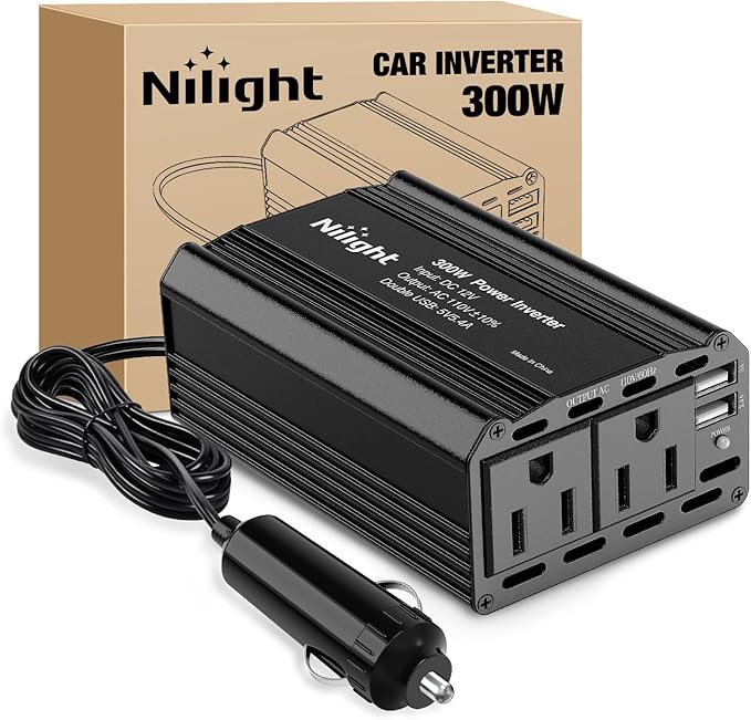 300W Power Inverter 12V DC to 110V AC Car Charger Converter with 5.4A Dual USB Ports and 2 AC Outlets for Phones Tablets Laptop Computer Game Console Kindle iPad DVD Players Black